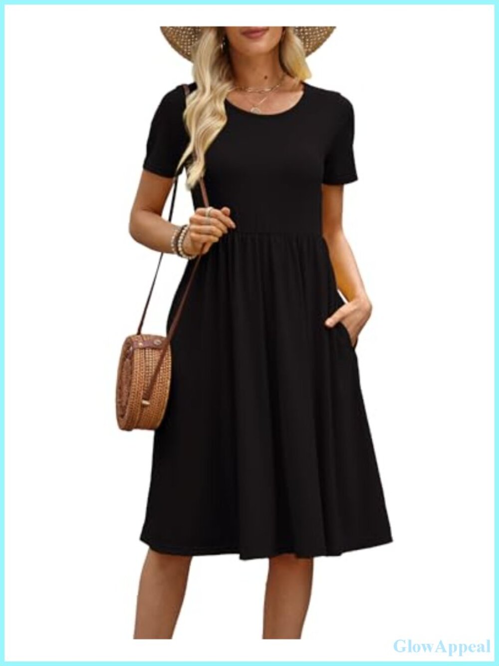 Midi Dress Crew Neck Short Sleeve A-Line Sundress with Pockets